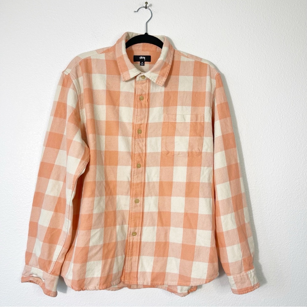 Stussy Venice Plaid Flannel Button Up Shirt Orange Medium Buffalo Long Sleeve